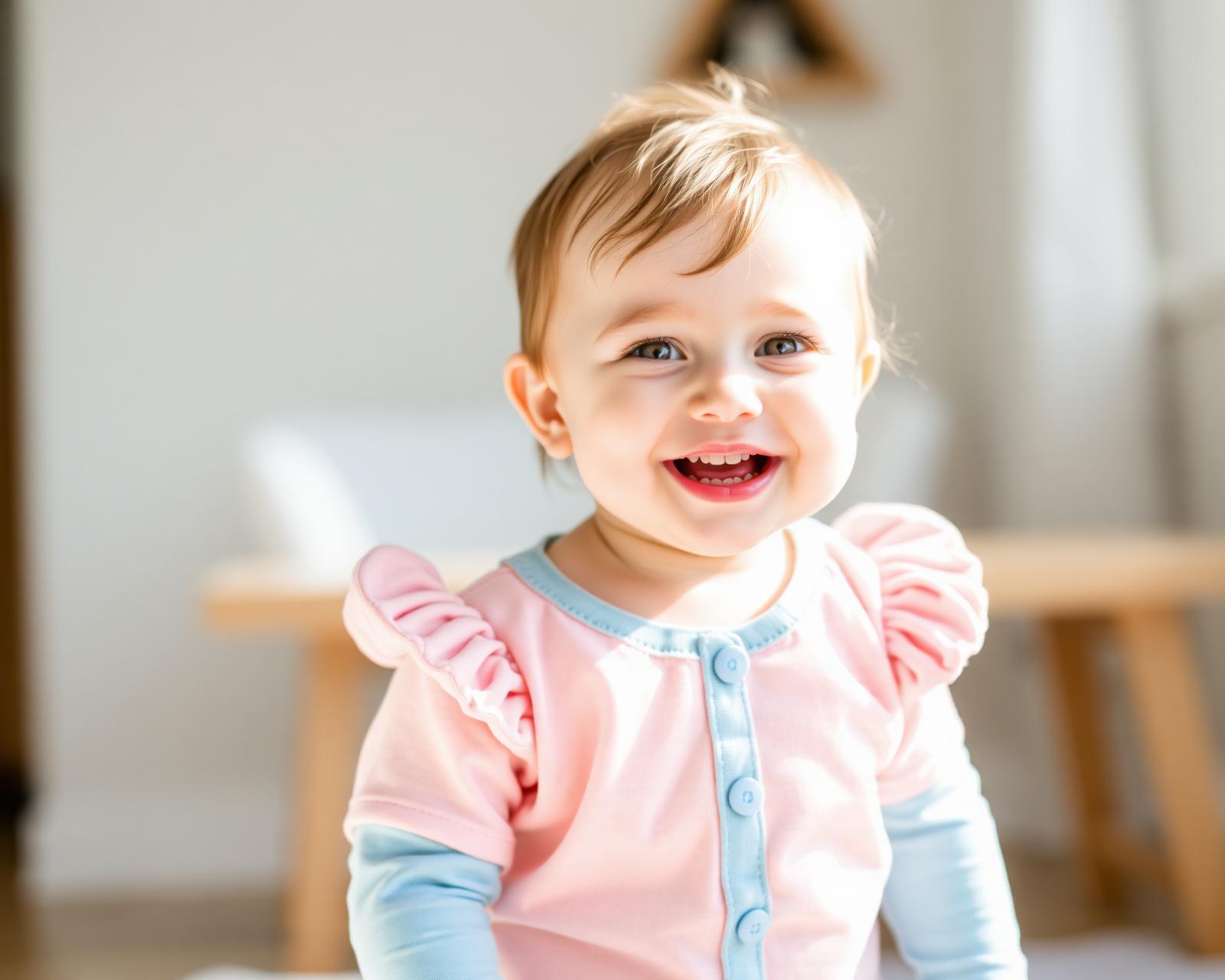 Lachende baby in pastelkleurige babykleding van Nisa Nur